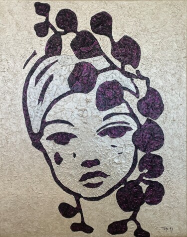 Collagen mit dem Titel "La belle aux fleurs" von Marie Josée Tomé, Original-Kunstwerk, Collagen Auf Keilrahmen aus Holz mont…