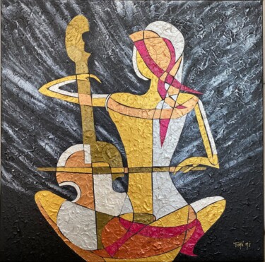Colagens intitulada "musicienne" por Marie Josée Tomé, Obras de arte originais, Colagens Montado em Armação em madeira