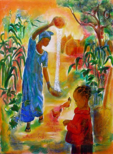 Painting titled "Scène africaine - V…" by Marie Landreau, Original Artwork