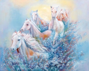 Pittura intitolato "chevaux de Camargue…" da Marie Landreau, Opera d'arte originale, Olio