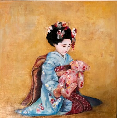 Painting titled "La petite fille au…" by Marie Laure Hamard, Original Artwork, Oil Mounted on Wood Stretcher frame