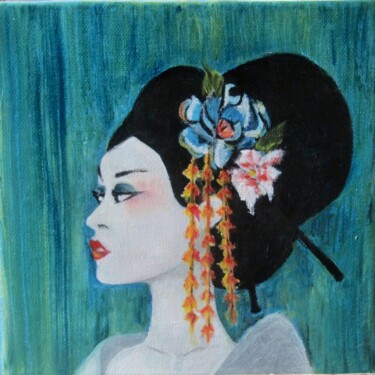 Painting titled "Femme aux fleurs" by Marie Laure Hamard, Original Artwork, Oil Mounted on Wood Stretcher frame