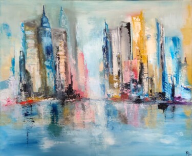 Painting titled "Big city" by Marie Line Robert, Original Artwork, Oil Mounted on Wood Stretcher frame