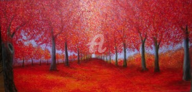 Painting titled "The red maples alley" by Marie-Line Vasseur, Original Artwork