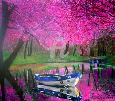 Schilderij getiteld "Cherry blossoms by…" door Marie-Line Vasseur, Origineel Kunstwerk, Olie