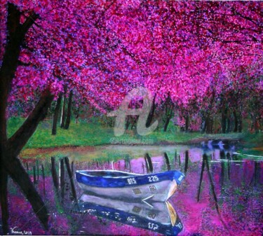 Malerei mit dem Titel "Cherry Blossoms on…" von Marie-Line Vasseur, Original-Kunstwerk, Öl
