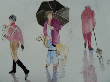 Картина под названием "Maîtres et chiens 1" - Marie Lorraine Papelier, Подлинное произведение искусства, Акварель