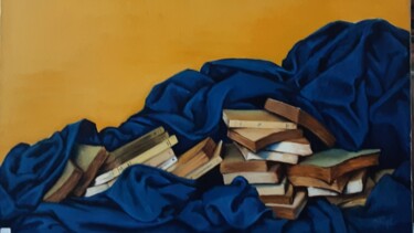 Peinture intitulée "livres sur drapé" par L.Gédon, Œuvre d'art originale, Huile Monté sur Châssis en bois