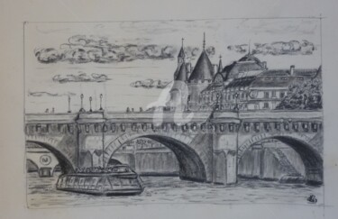 Disegno intitolato "Le Pont Neuf" da Marie-Noëlle Amiot, Opera d'arte originale, Carbone