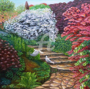 Painting titled "Jardin en été" by Marie-Noëlle Amiot, Original Artwork, Oil