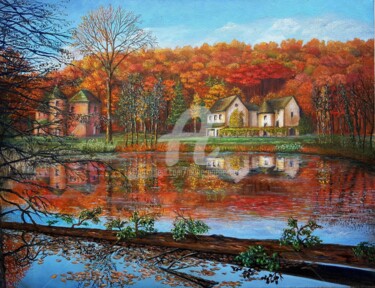 Painting titled "Soir d'automne" by Marie-Noëlle Amiot, Original Artwork, Oil Mounted on Wood Stretcher frame