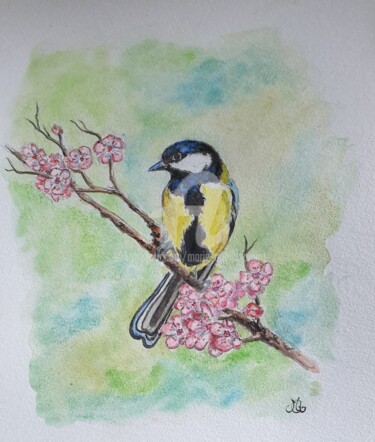 Painting titled "Petite mésange char…" by Marie-Noëlle Amiot, Original Artwork, Watercolor