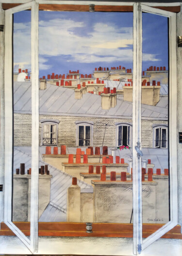 Pittura intitolato "Les toits de Paris…" da Marie-Noëlle Gagnan, Opera d'arte originale, Acrilico