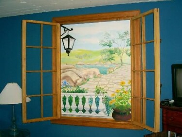 Peinture intitulée "fenêtre jardin" par Marie-Noëlle Gagnan, Œuvre d'art originale, Huile