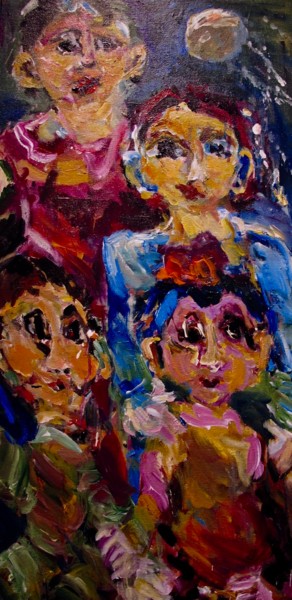 Schilderij getiteld "enfants de la lune" door Marie-Odile Cesana, Origineel Kunstwerk, Acryl Gemonteerd op Frame voor houten…