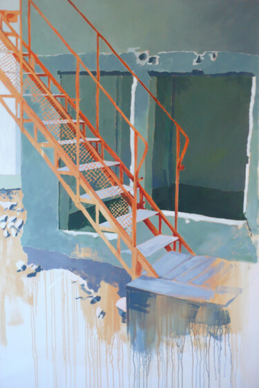 Painting titled "L'escalier orange." by Marie-Odile Ginies, Original Artwork, Acrylic