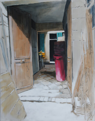 Painting titled "Un chantier rue Sai…" by Marie-Odile Ginies, Original Artwork, Acrylic Mounted on Wood Stretcher frame