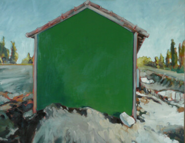 Peinture intitulée "Maison verte" par Marie-Odile Ginies, Œuvre d'art originale, Huile Monté sur Châssis en bois