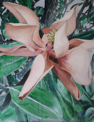Painting titled "Fleuraison, magnolia" by Marie-Odile Ginies, Original Artwork, Acrylic Mounted on Wood Stretcher frame