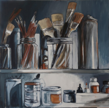 Painting titled "Atelier, l'étagère" by Marie-Odile Ginies, Original Artwork, Oil Mounted on Wood Stretcher frame