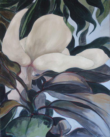 Schilderij getiteld "Magnolia, blanc." door Marie-Odile Ginies, Origineel Kunstwerk, Olie Gemonteerd op Frame voor houten br…