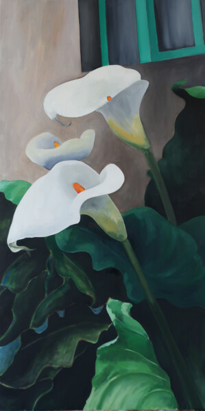 Painting titled "Arum 1" by Marie-Odile Ginies, Original Artwork, Oil Mounted on Wood Stretcher frame