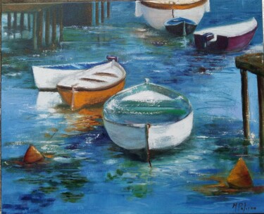 Painting titled "Port bleu" by Marie Palermo, Original Artwork, Oil