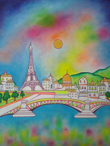 Painting titled "paris-village-huile…" by Marie Panos, Original Artwork