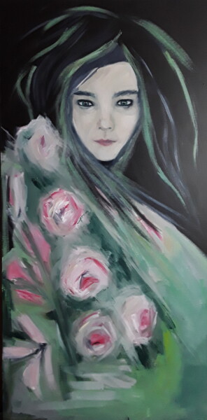Painting titled "Björk & Roses" by Marie Pascale Martins, Original Artwork, Acrylic