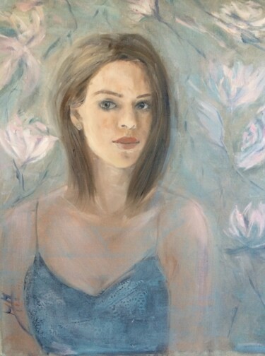 Ζωγραφική με τίτλο "bleu menthe à l'eau" από Marie Pascale Martins, Αυθεντικά έργα τέχνης, Λάδι Τοποθετήθηκε στο Ξύλινο φορε…
