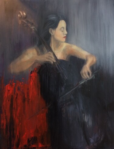Painting titled "Sarah au violoncelle" by Marie Pascale Martins, Original Artwork, Oil Mounted on Wood Stretcher frame