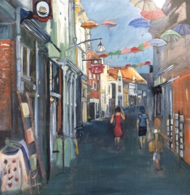 Painting titled "Paraplu straat Deve…" by Marie Pascale Martins, Original Artwork, Oil Mounted on Wood Stretcher frame