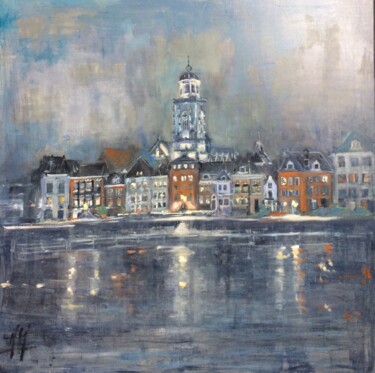 Painting titled "Deventer de nacht" by Marie Pascale Martins, Original Artwork, Oil Mounted on Wood Stretcher frame