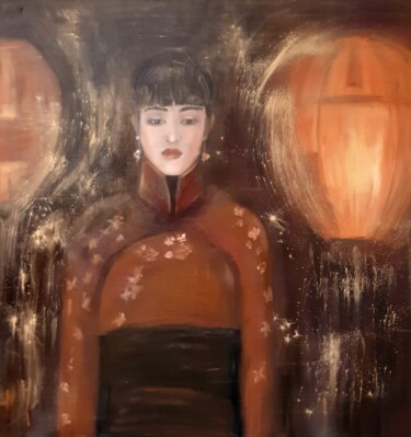 Malerei mit dem Titel "Gong li .Red lantern" von Marie Pascale Martins, Original-Kunstwerk, Öl