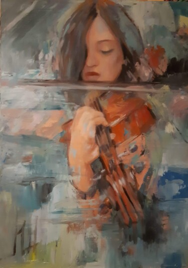 Painting titled "La violoniste" by Marie Pascale Martins, Original Artwork, Oil Mounted on Wood Stretcher frame