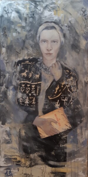 Painting titled "simone de Beauvoir" by Marie Pascale Martins, Original Artwork, Oil Mounted on Wood Stretcher frame