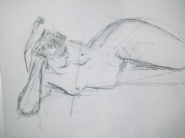 Disegno intitolato "fusain nu allongé" da Marie Pascale Martins, Opera d'arte originale, Carbone