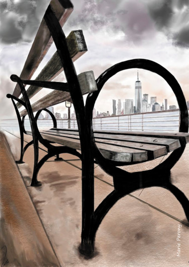 Painting titled "A Bench in New-York" by Marie Perony, Original Artwork, Digital Painting