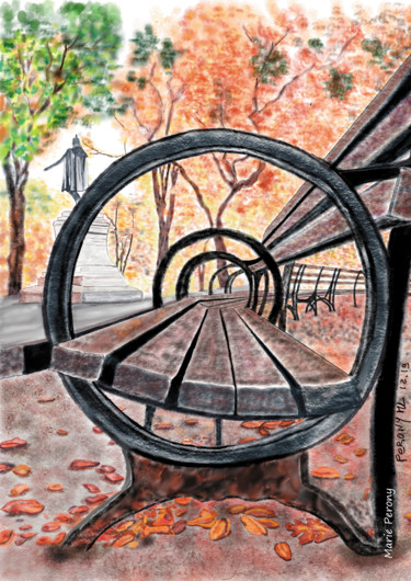 Painting titled "Autumn Bench in New…" by Marie Perony, Original Artwork, Digital Painting