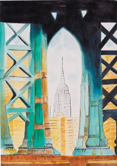 Pintura intitulada "Brooklynn Bridge fr…" por Marie Perony, Obras de arte originais, Aquarela
