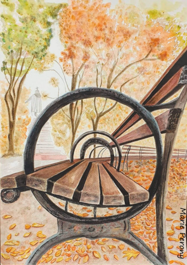 Картина под названием "A Bench in New-York…" - Marie Perony, Подлинное произведение искусства, Акварель
