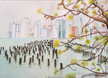 Peinture intitulée "Skyline from DUMBO…" par Marie Perony, Œuvre d'art originale, Aquarelle