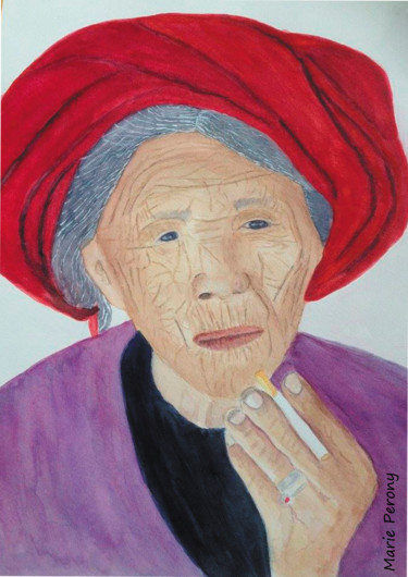 Peinture intitulée "Femme à la cigarette" par Marie Perony, Œuvre d'art originale, Aquarelle