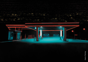 Painting titled "Gas station by night" by Marie Perony, Original Artwork, Digital Painting