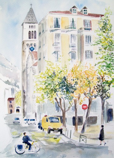 Painting titled "Place d'Avril à Gre…" by Marie-Pierre Coiffard, Original Artwork, Watercolor Mounted on Cardboard