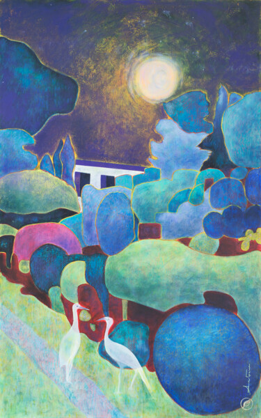 Painting titled "La lune et le jardi…" by Marie-Pierre Autonne, Original Artwork, Oil Mounted on Wood Panel
