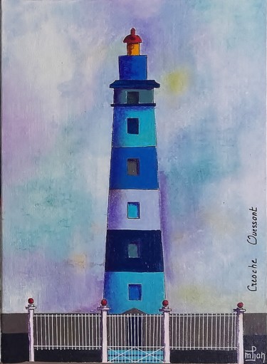 Painting titled "phare du Creach" by Marie-Pierre Jan, Original Artwork, Acrylic Mounted on Cardboard