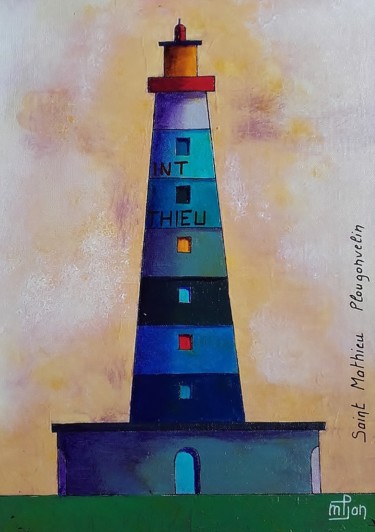 Painting titled "phare saint Mathieu" by Marie-Pierre Jan, Original Artwork, Acrylic Mounted on Cardboard