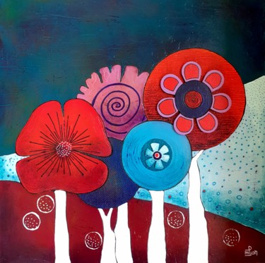 Painting titled "Arbes fleurs 2" by Marie-Pierre Jan, Original Artwork, Acrylic