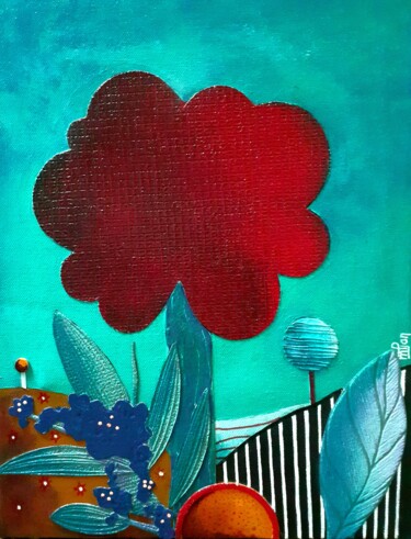 Картина под названием "L'arbre rouge" - Marie-Pierre Jan, Подлинное произведение искусства, Акрил Установлен на Деревянная р…